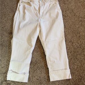 Frye White Jeans with Tan Leather Logo Patch